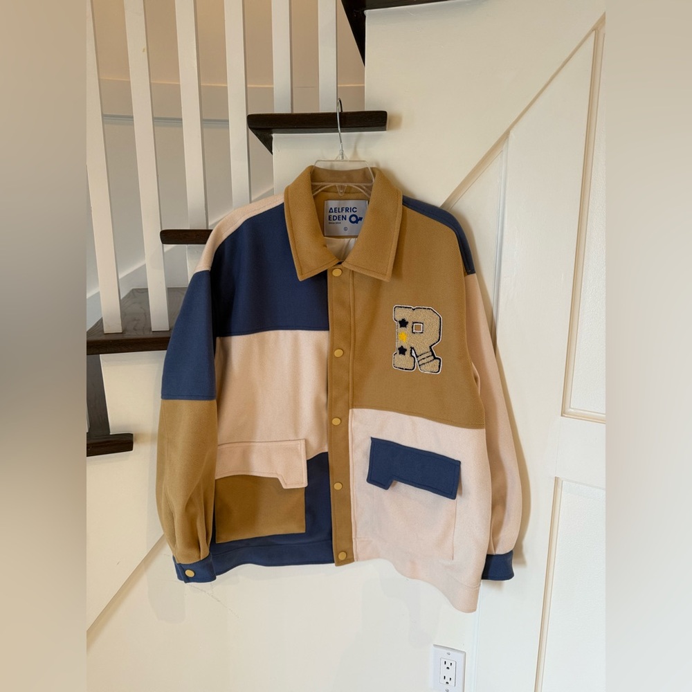 Men's Colorblock Varsity Jacket - Tan & Navy - Picture 2 of 9